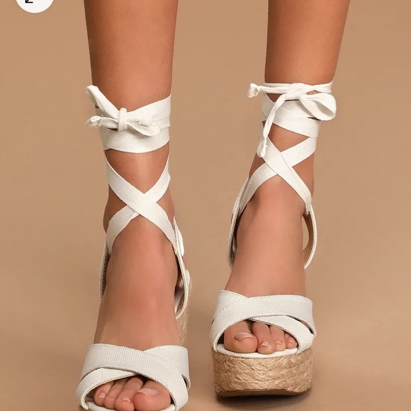 NWOB Lulus Esme White Lace-Up Espadrille Wedges - Picture 2 of 5